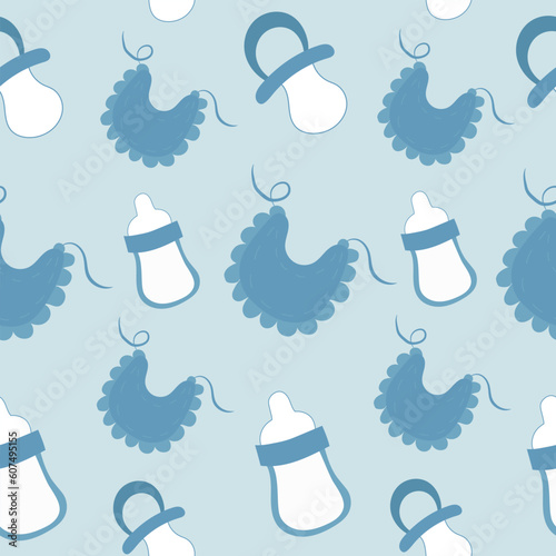 Baby shower pattern with design elements. Baby shower concept. It's a boy! 