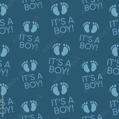 Baby shower pattern with design elements. Baby shower concept. It's a boy! 