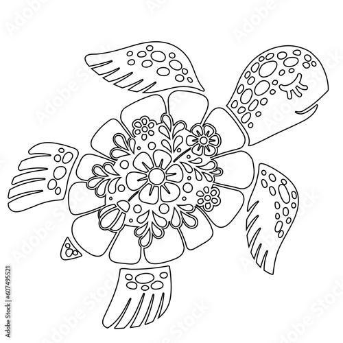 Coloring book page of a sea turtle. Black and white vector coloring for adult