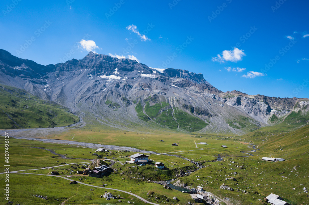 Bern, Switzerland - July 25, 2022 - View of Engstligenalp from the Engstligengrat hiking trail, Swiss Alps, Switzerland