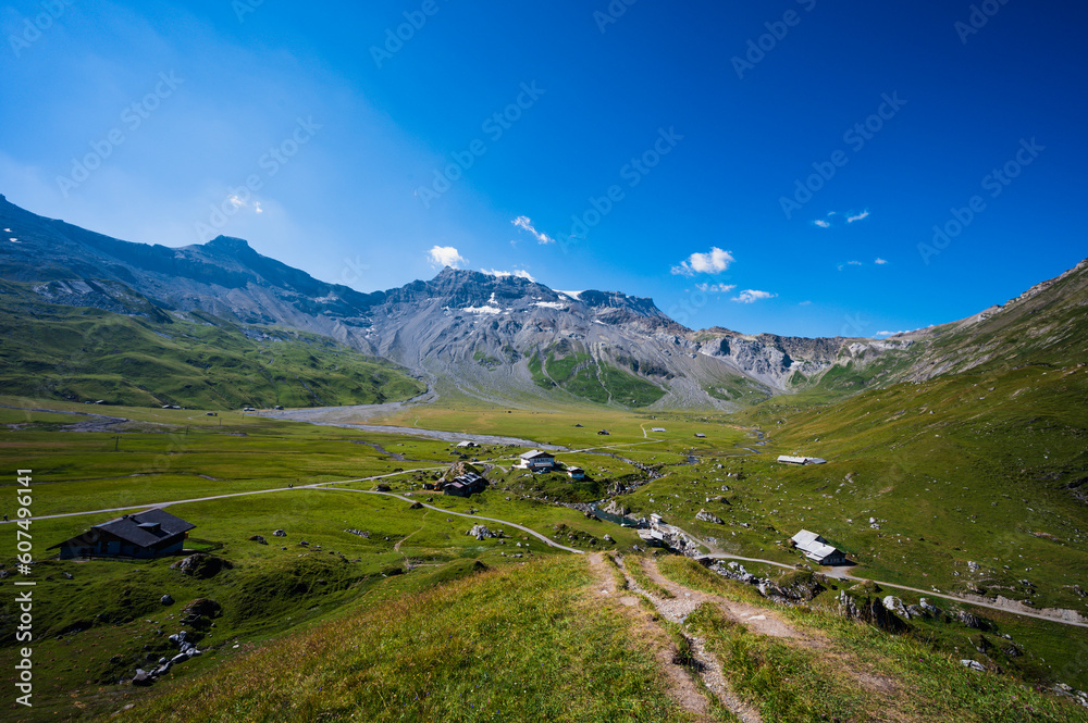 Bern, Switzerland - July 25, 2022 - View of Engstligenalp from the Engstligengrat hiking trail, Swiss Alps, Switzerland