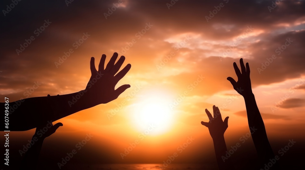 Silhouettes of hands reaching out for hope and supporting each other on sunset background, Generative AI