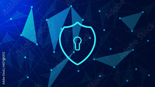 Data security system or global network protection concept with shield and connecting dots lines on dark blue background.