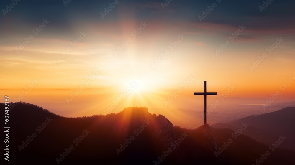 Silhouette of crucifix cross on mountain at sunset sky background, Generative AI Silhouette of crucifix cross on mountain at sunset sky background, Generative AI