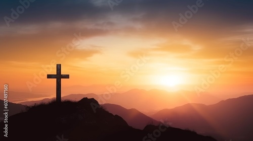 Silhouette of crucifix cross on mountain at sunset sky background, Generative AI