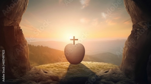 Easter and Good Friday concept, heart shaped empty tomb with cross on mountain sunrise background, Generative AI