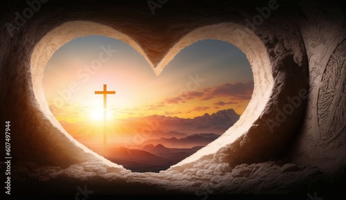 Fotografiet Easter and Good Friday concept, heart shaped empty tomb with cross on mountain s