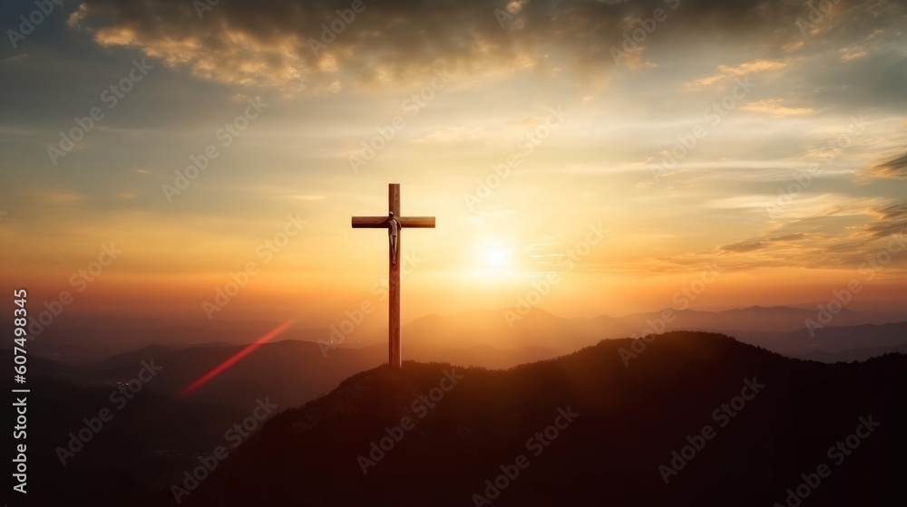 The crucifix symbol of Jesus on the mountain sunset sky background, Generative AI