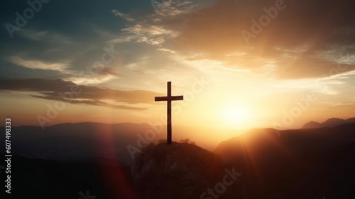 The crucifix symbol of Jesus on the mountain sunset sky background, Generative AI