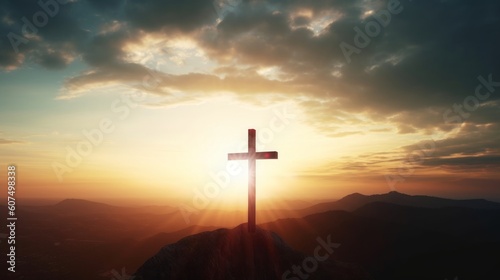 Print op canvas The crucifix symbol of Jesus on the mountain sunset sky background, Generative A