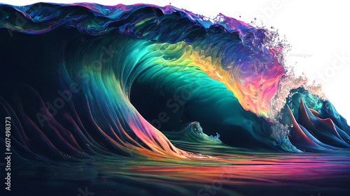 Iridescent waves, strange trippy rainbow liquid ocean flowing glowing splashing in epic alien ocean, surreal abstract colorful ocean wave, oil slick glossy colors (generative AI, AI) © yesdoubleyes