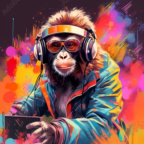 Colourful abstract digital art image depicting a monkey dressed like a disco fun. Generated AI