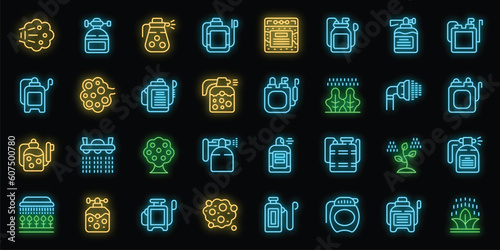 Pesticide sprayer icons set outline vector. Garden pressure. Farm lawn neon color on black