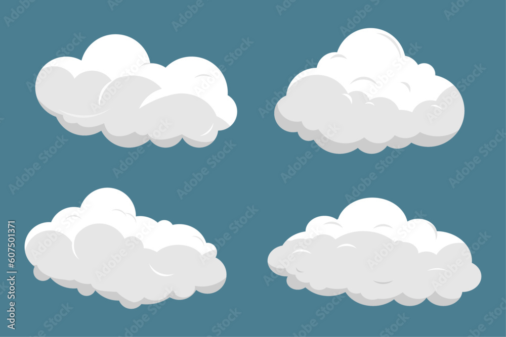 Set of clouds isolated on a blue background. Simple cute cartoon design. Icon or logo collection flat style vector illustration.