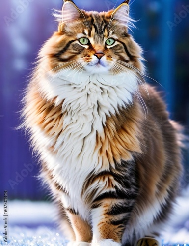 A Siberian cat with a water-repellent coat that protects them from the cold.