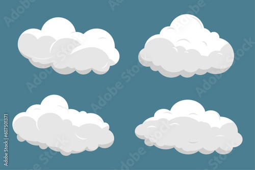 Set of clouds isolated on a blue background. Simple cute cartoon design. Icon or logo collection flat style vector illustration.
