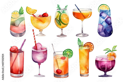 Variety group of fruit juices cocktail with ingredients for refreshing isolated on white background, healthy drink, glasses of juicy beverage, with Generative Ai.