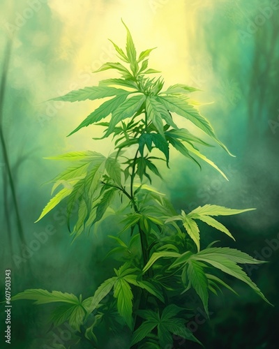 A hazy background with a green marijuana leaf.  Generative AI 