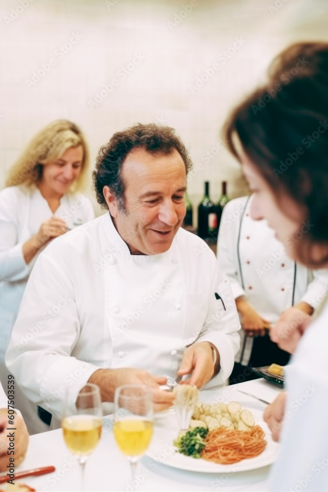 Friends taking cooking classes with an expert chef. generative ai Friends taking cooking classes with an expert chef. generative ai