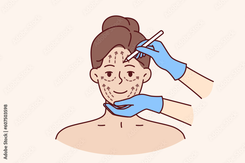 Cosmetic procedure for woman who wants to eliminate wrinkles or lifting problem areas. Doctor hands near millennial girl face during cosmetic procedure and preparation for skin lifting