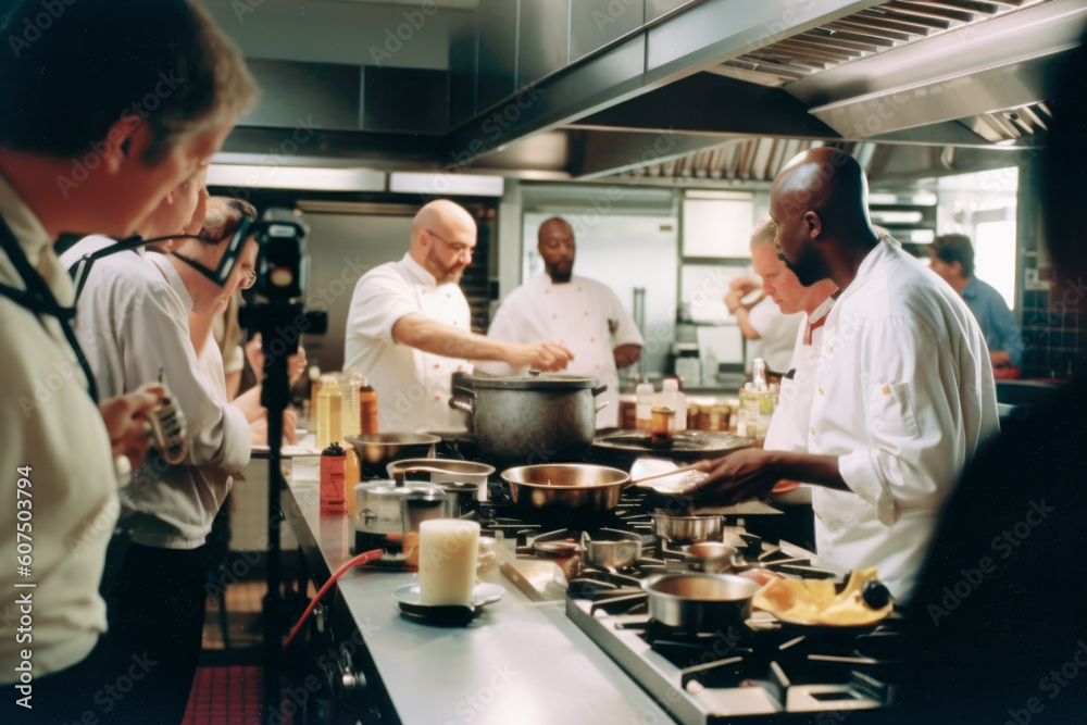 Chef it shows of friends taking cooking classes. generative ai Chef it shows of friends taking cooking classes. generative ai