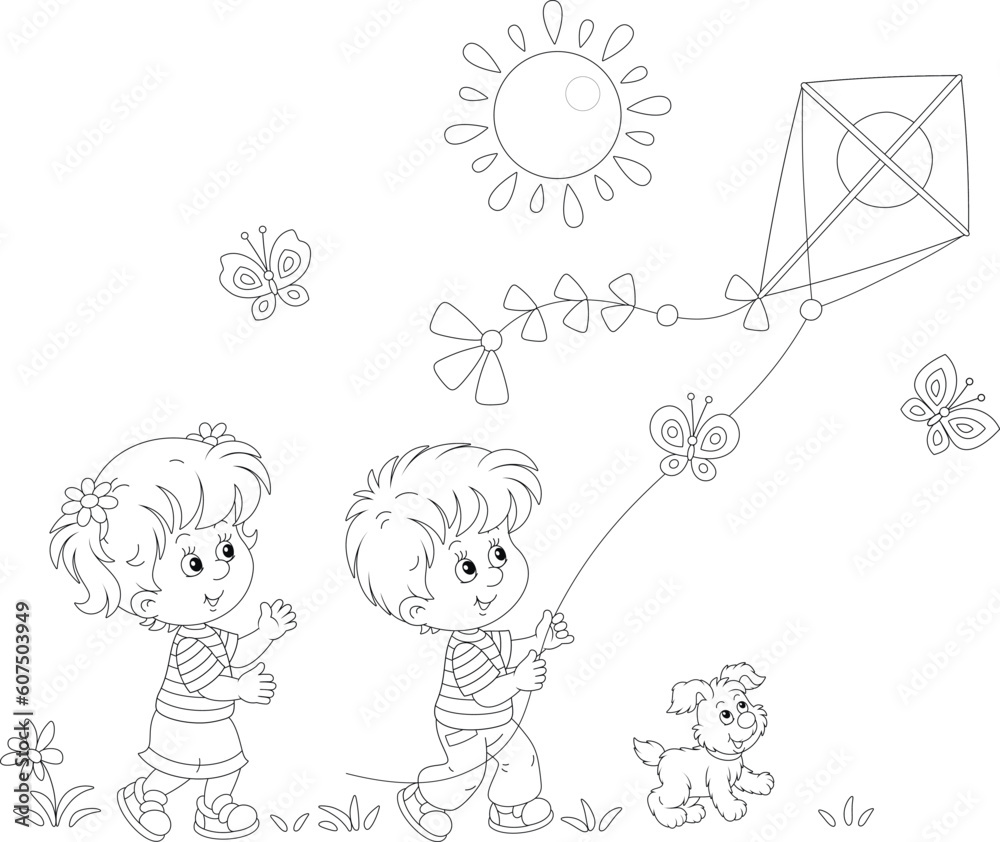 Happy little girl and boy with their merry pup playing with a flying colorful kite on a sunny summer day in a park, black and white vector cartoon illustration for a coloring book