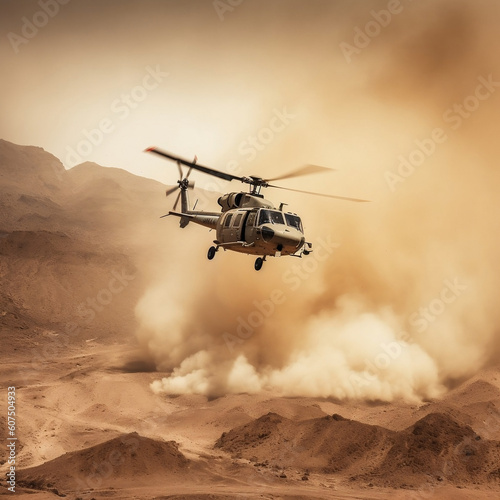 Desert Extraction: Military Chopper Crosses Fire and Smoke, generative AI