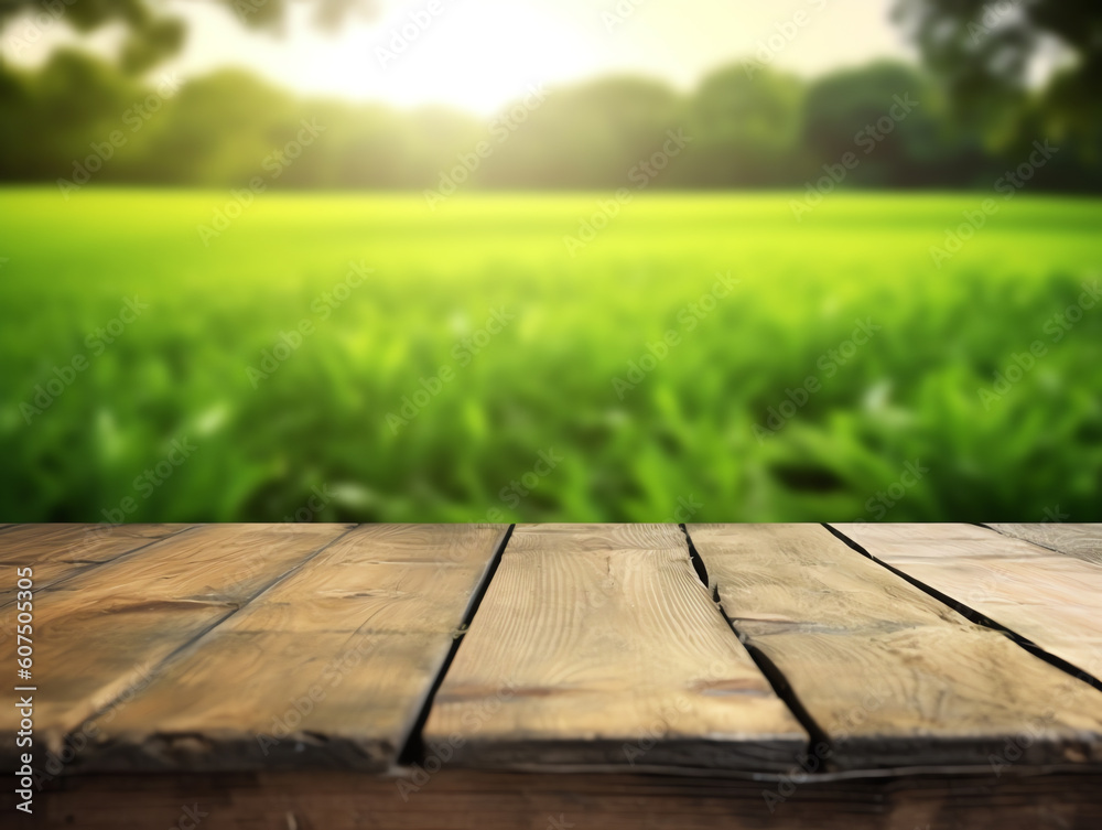 Wood table with grass background