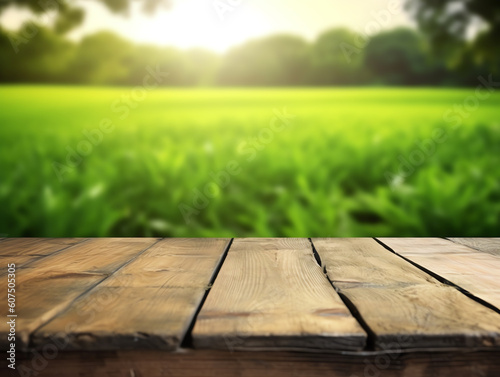 Wood table with grass background