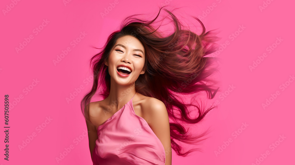 Cheerful laughing asian woman having fun over pink background.  Generative Ai