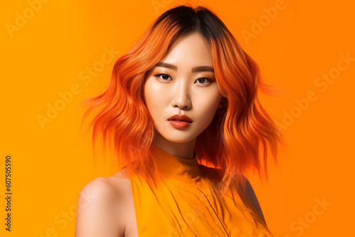 Close up beauty portrait of beautiful   woman with wavy   orange  hairs.  Posing over   orange  background.  Perfect skin.  Generative Ai