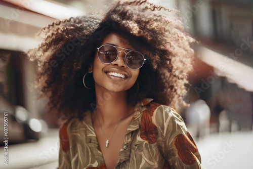 Outdoor street style portrait of pretty afican woman  smiling and enjoing summer. Generative Ai