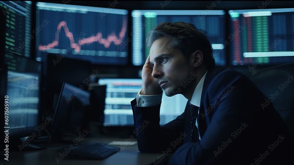 Pensive Sad Trader thinking at workplace. Computer screen with charts, panic digital stock market financial Crisis background. Tired stressed businessman. generative ai Pensive Sad Trader thinking at workplace. Computer screen with charts, panic digital stock market financial Crisis background. Tired stressed businessman. generative ai