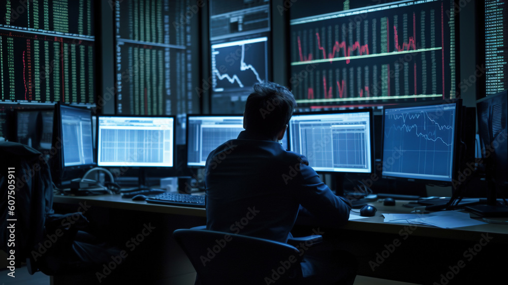 Pensive Sad Trader thinking at workplace. Computer screen with charts, panic digital stock market financial Crisis background. Tired stressed businessman. generative ai Pensive Sad Trader thinking at workplace. Computer screen with charts, panic digital stock market financial Crisis background. Tired stressed businessman. generative ai