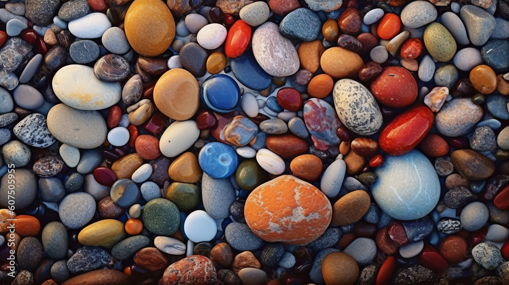Breathtaking beauty of exquisitely detailed colored stones scattered along the picturesque shoreline of a romantic beach in Denmark, shot from above. Generated AI. Breathtaking beauty of exquisitely detailed colored stones scattered along the picturesque shoreline of a romantic beach in Denmark, shot from above. Generated AI.