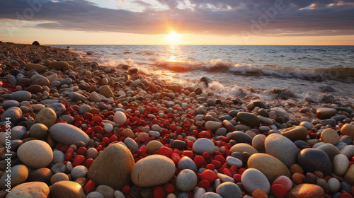 Breathtaking beauty of exquisitely detailed stones scattered along the picturesque shoreline of a romantic beach in Denmark, under the soft golden light of the setting sun. Generated AI.