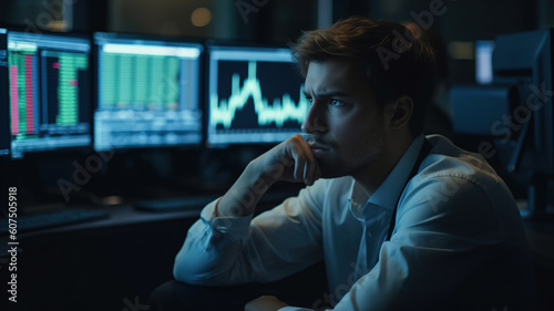 Pensive Sad Trader thinking at workplace. Computer screen with charts, panic digital stock market financial Crisis background. Tired stressed businessman. generative ai