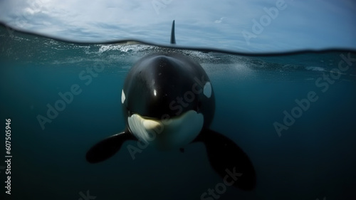 Photography Orca killer whale underwater in ocean natural environment, swimming under the sea