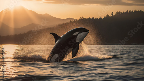 Orcinus Orca jumping out of the sea water at sunset. Killer Whale leaps in nature with splashes, ocean Norway fjord at background landscape. generative ai