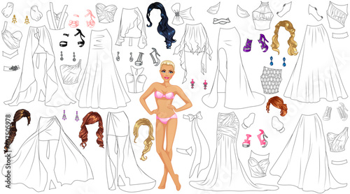 Prom Dress Coloring Page Paper Doll with Clothes, Hairstyles and Accessories. Vector Illustration