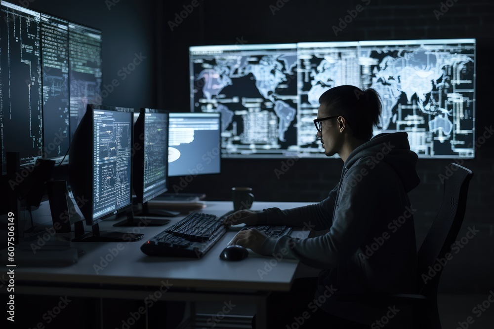 Programmer working at their computer, surrounded by monitors displaying code. Generative AI Programmer working at their computer, surrounded by monitors displaying code. Generative AI
