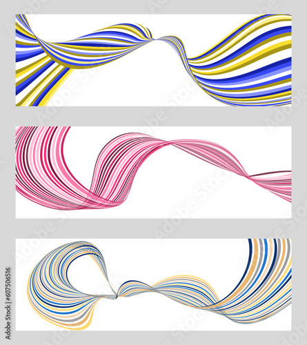 Wavy lines or ribbons. Set of 3 backgrounds. Multicolored striped gradient. Creative unusual background with abstract gradient wave lines to create a trendy banner, poster. vector eps