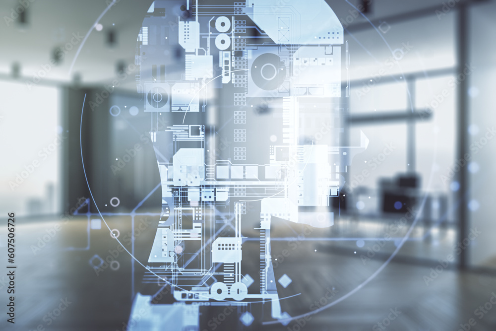 Double exposure of creative human head microcircuit hologram on a modern furnished office interior background. Future technology and AI concept Double exposure of creative human head microcircuit hologram on a modern furnished office interior background. Future technology and AI concept