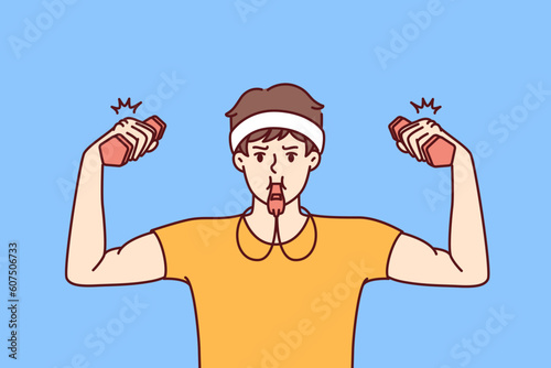 Funny fitness trainer with dumbbells uses whistle to cheer up trainees from gym or sports club. Thin man in fitness clothes does exercises to build biceps on his arms and muscles on his body