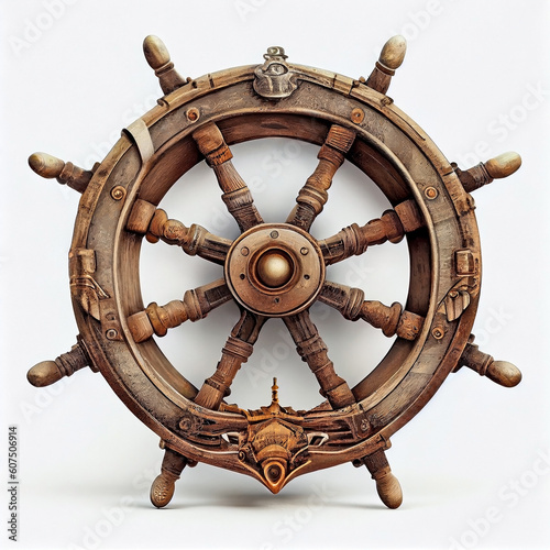 Vintage wooden ship's wheel on an isolated white background. Generative AI