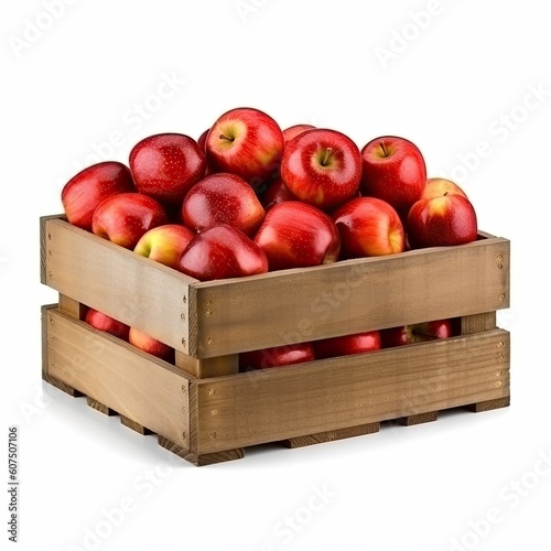 Wooden box with red apples isolated on white background, closeup, generative AI
