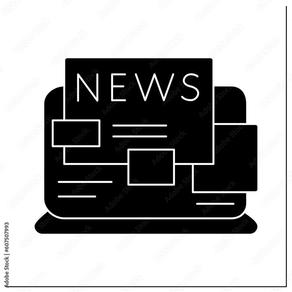 News glyph icon. Laptop computer screen with newspaper article. Internet journalism, mass media and public information resources concept.Filled flat sign. Isolated silhouette vector illustration News glyph icon. Laptop computer screen with newspaper article. Internet journalism, mass media and public information resources concept.Filled flat sign. Isolated silhouette vector illustration