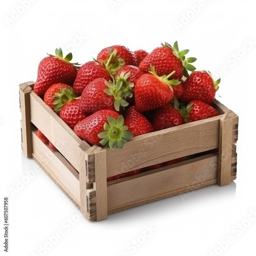 Wooden box with red strawberry isolated on white background, closeup, generative AI