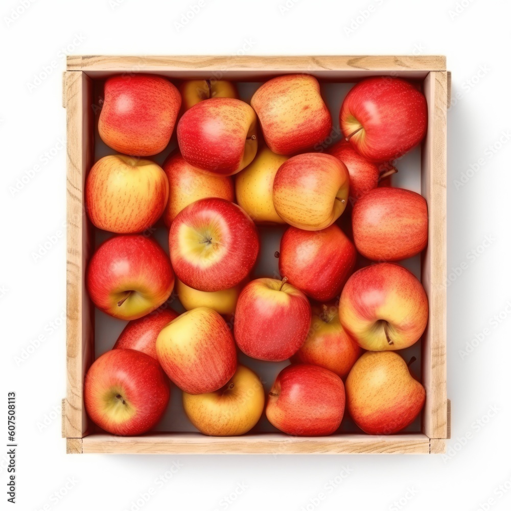 Wooden box with sweet apples isolated on white background, closeup, generative AI Wooden box with sweet apples isolated on white background, closeup, generative AI