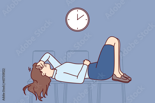 Tired business woman sleeps on office chairs at work and needs vacation to avoid professional burnout. Tired girl office worker is sleeping in waiting room before interview for new position